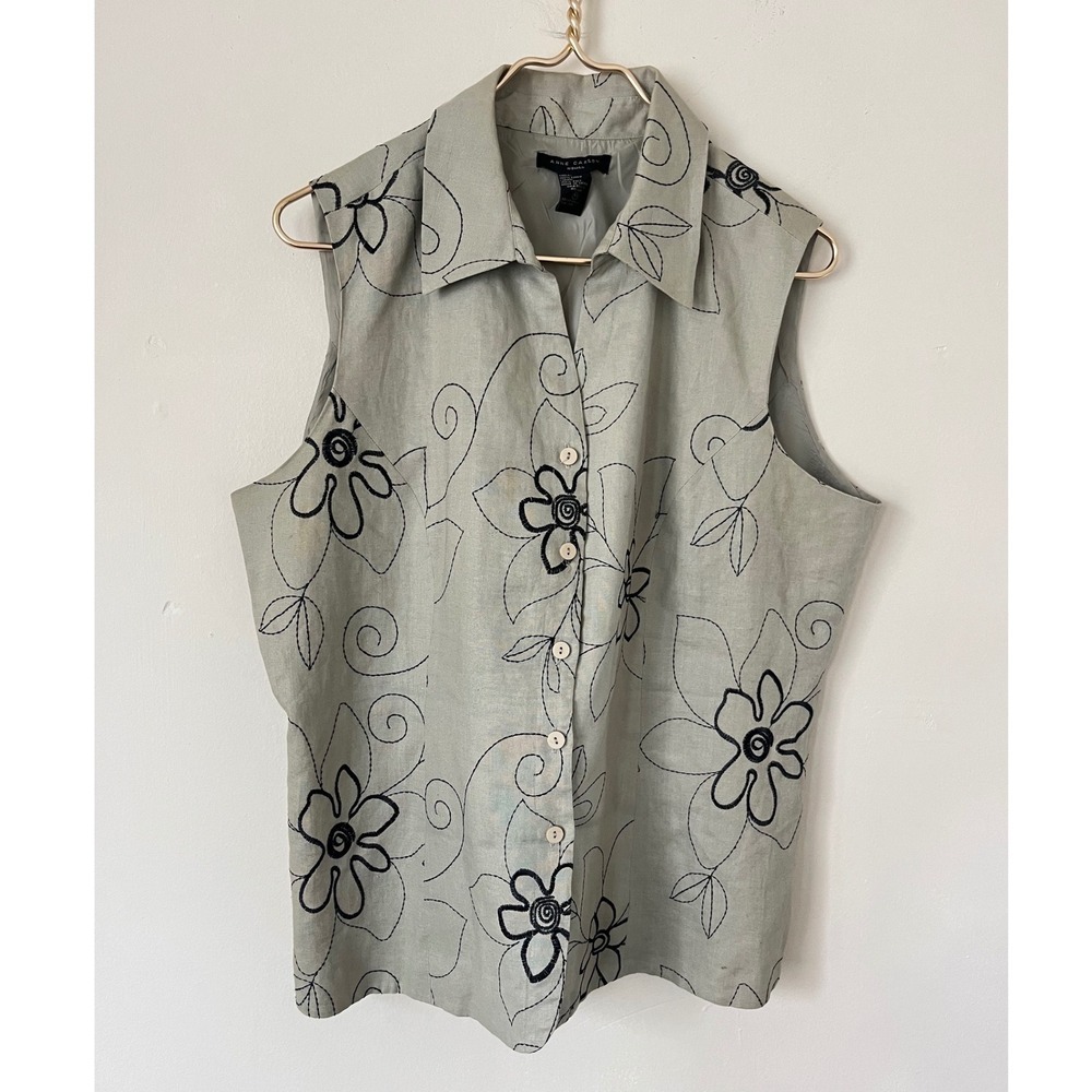 Anne Carson Woman Linen Embroidered‎ Floral Sleeveless cottagecore Top Green 1X